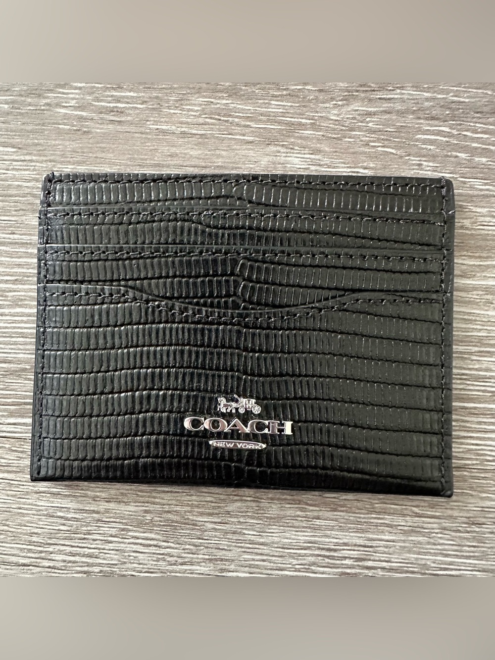 Coach Black Lizard-Embossed Leather Card Holder with Silver Logo